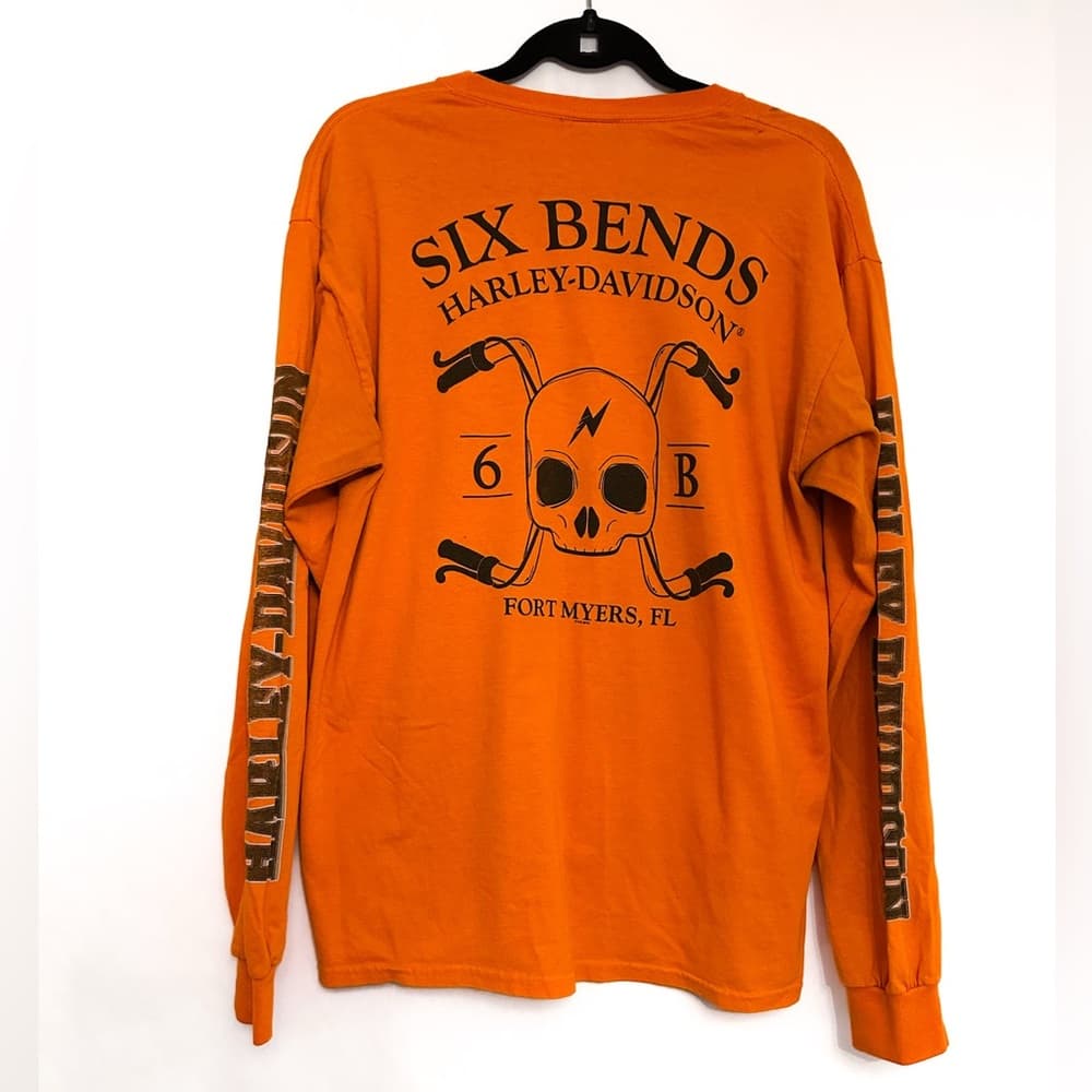 Harley-Davidson Orange Long Sleeve Tee Six Bends Florida Y2K Men’s Size Large