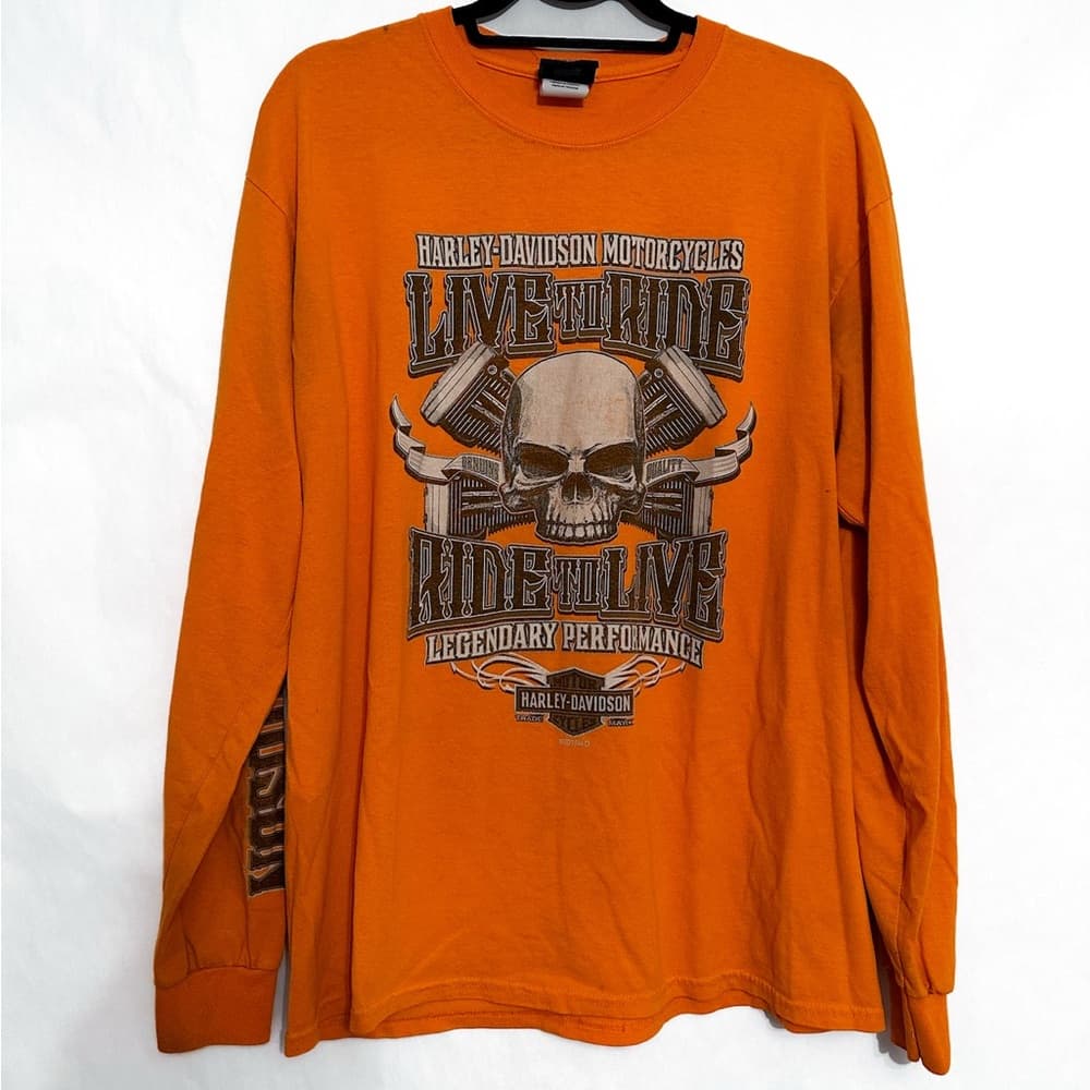 Harley-Davidson Orange Long Sleeve Tee Six Bends Florida Y2K Men’s Size Large - Thumbnail 2