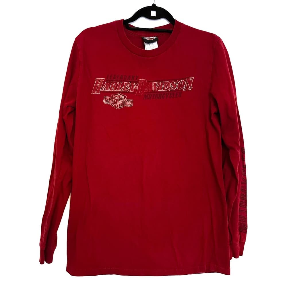 Harley-Davidson Legendary Motorcycles Long Sleeve Shirt Deep Red Y2K Size Medium - Thumbnail 2