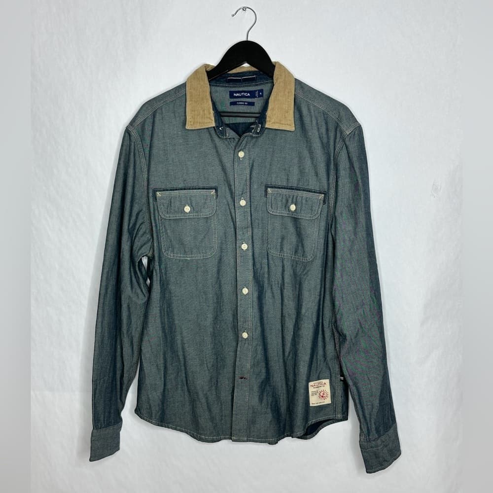 Nautica Chambray Button Down Shirt Corduroy Collar Elbow Patch Size XL Preppy - Thumbnail 6