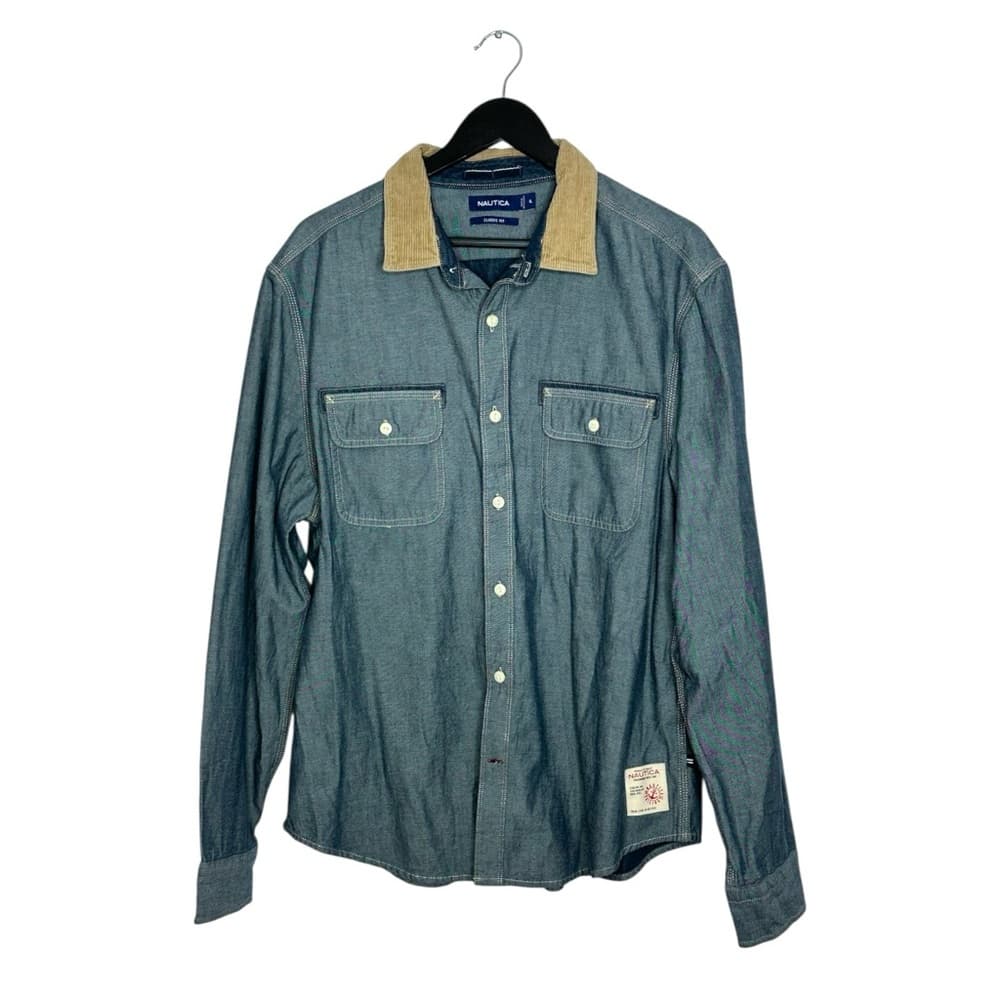 Nautica Chambray Button Down Shirt Corduroy Collar Elbow Patch Size XL Preppy