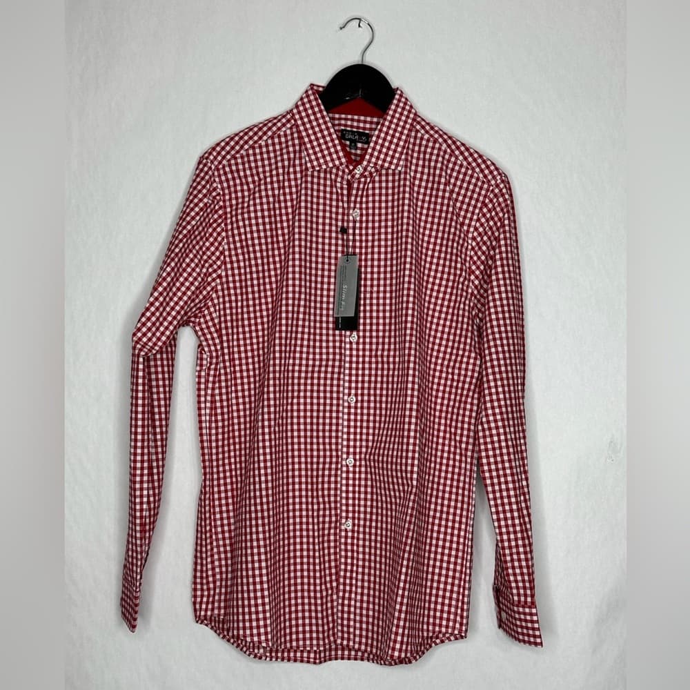 NWT Galaxy by Harvic Burgundy Red Gingham Slim Fit Button-Down Shirt Mens Medium - Thumbnail 5