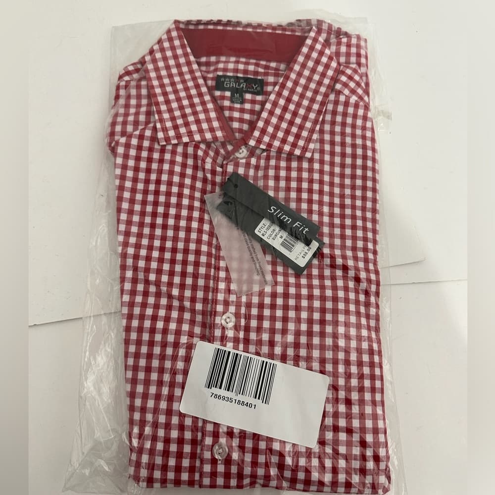 NWT Galaxy by Harvic Burgundy Red Gingham Slim Fit Button-Down Shirt Mens Medium