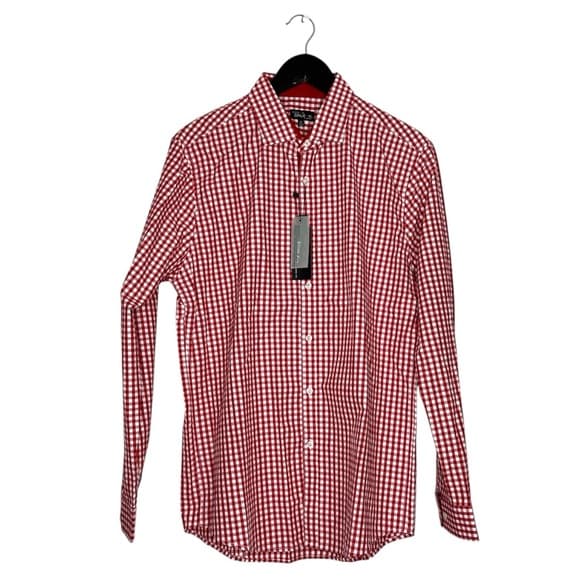 NWT Galaxy by Harvic Burgundy Red Gingham Slim Fit Button-Down Shirt Mens Medium - Thumbnail 13