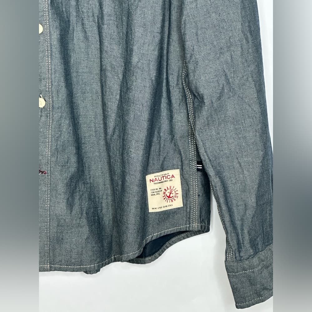 Nautica Chambray Button Down Shirt Corduroy Collar Elbow Patch Size XL Preppy - Thumbnail 2