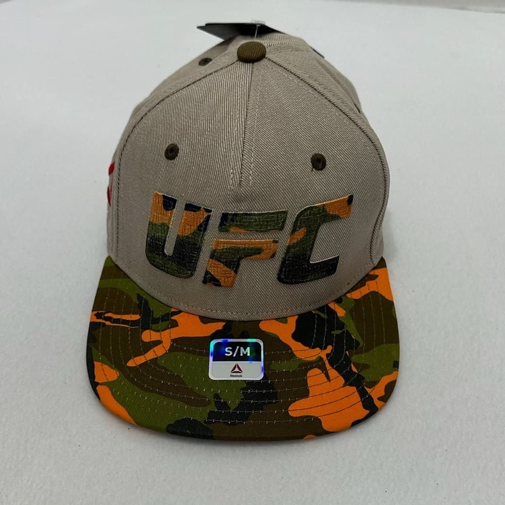 UFC X Reebok Camo Khaki Orange Flat Brim Flex SnapBack Hat RARE LE Deadstock S/M - Thumbnail 9