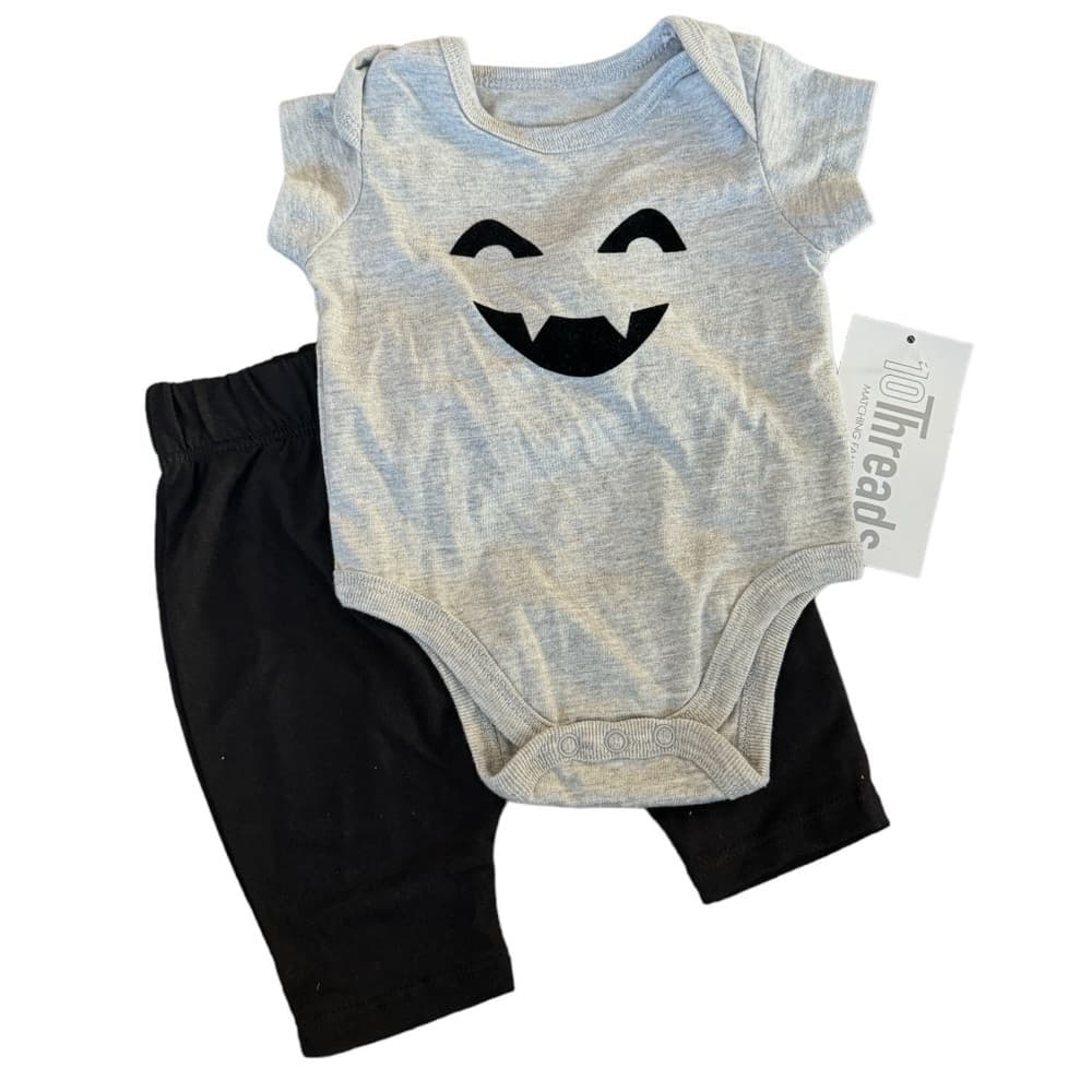 Halloween Jack-O-Lantern Ghost Face Baby One Piece and Pants Size Newborn - Thumbnail 8