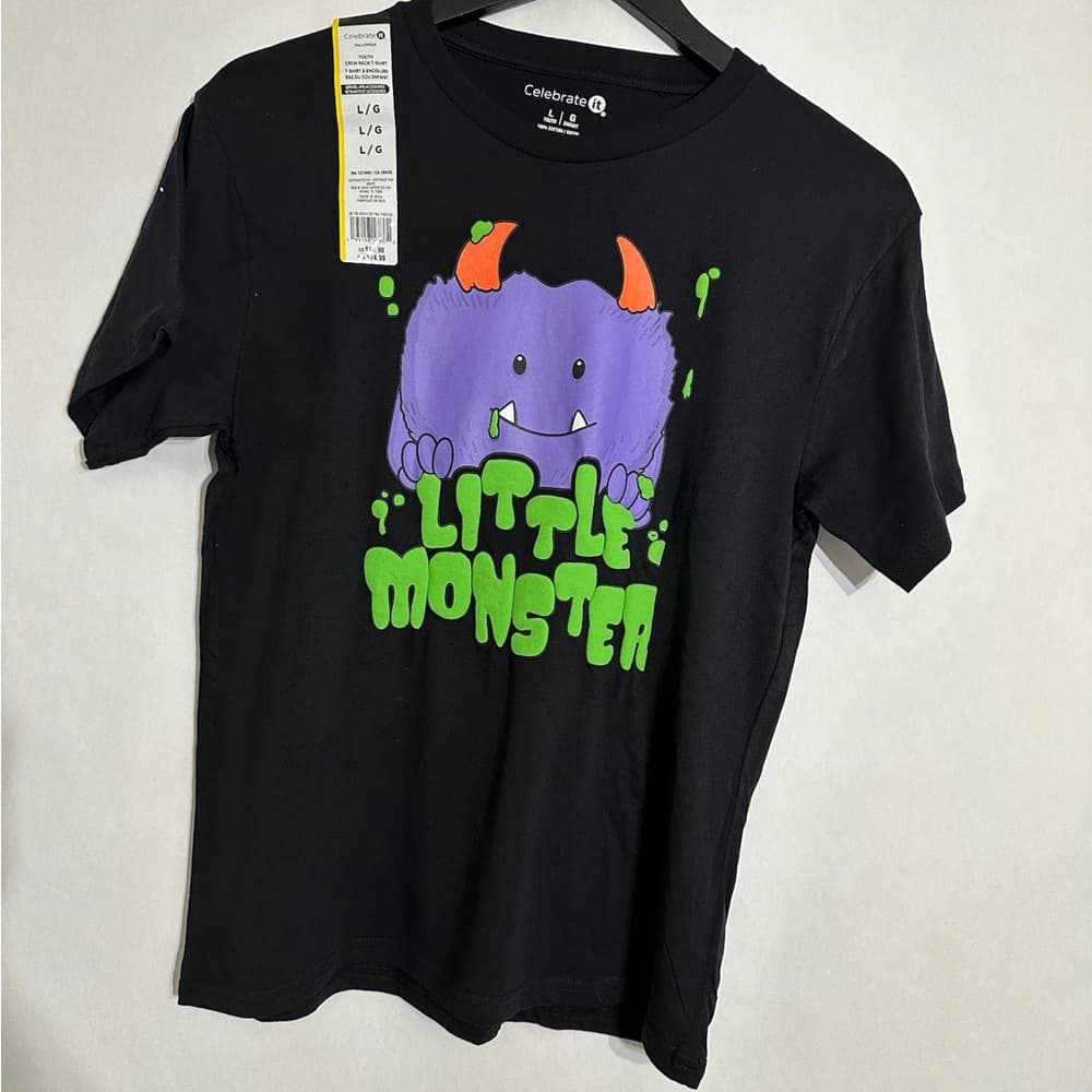 Celebrate It Youth Black Little Monster Graphic Tee Size Large Halloween Shirt - Thumbnail 2