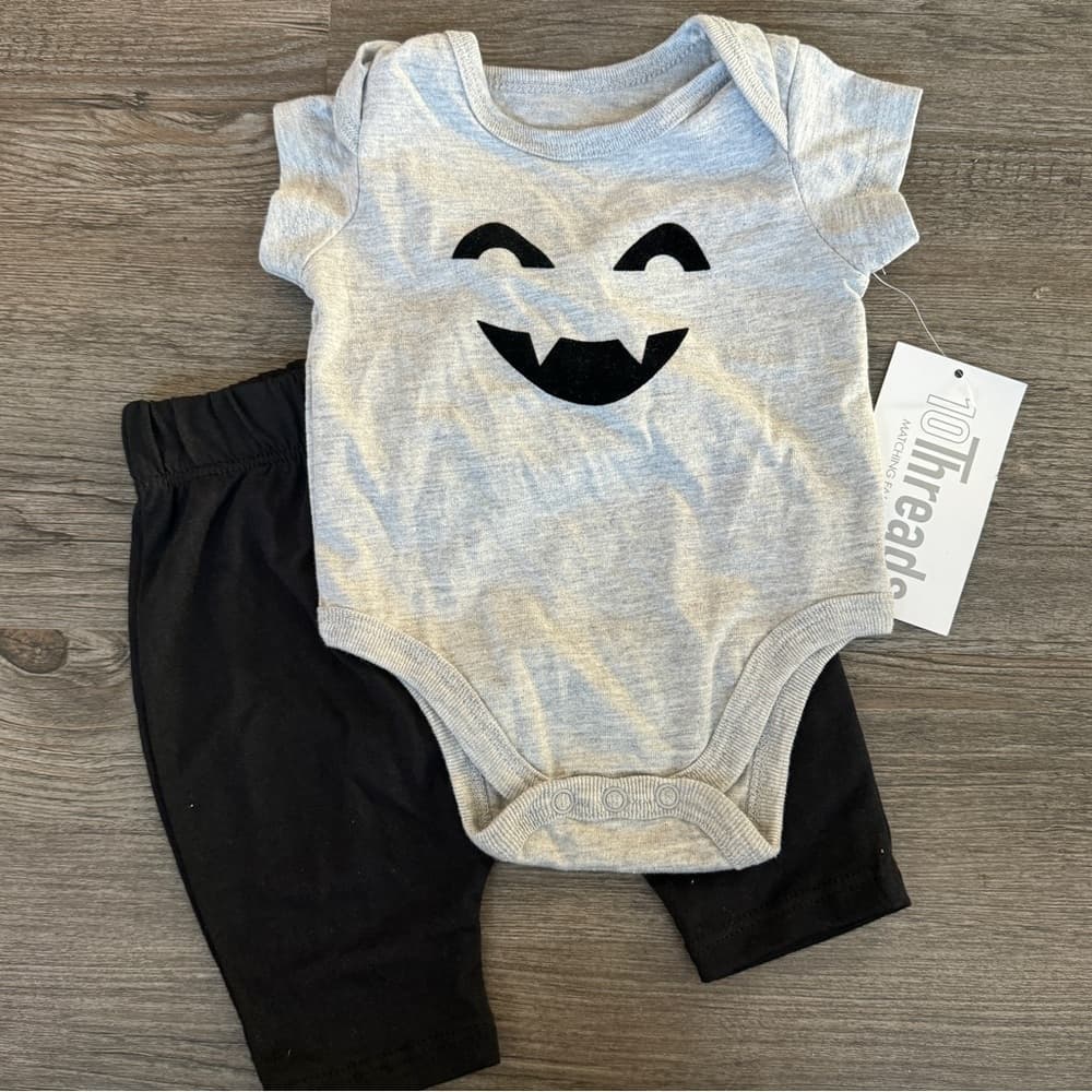 Halloween Jack-O-Lantern Ghost Face Baby One Piece and Pants Size Newborn - Thumbnail 2