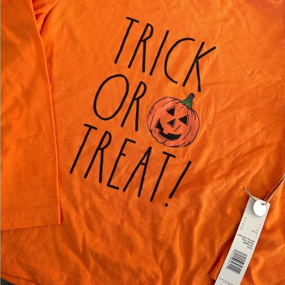 Rae Dunn Trick or Treat Halloween Pumpkin Long Sleeve Orange Tee T-shirt Kids 5 - Thumbnail 7