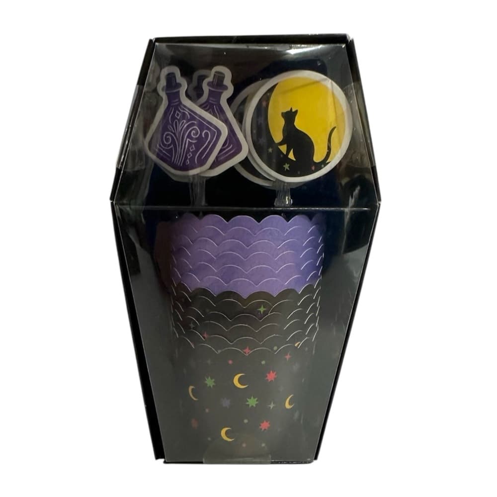 NIB Celebrate Halloween Cat Potion Baking Cup Kit Coffin Box 12 Cups 12 Toppers - Thumbnail 4