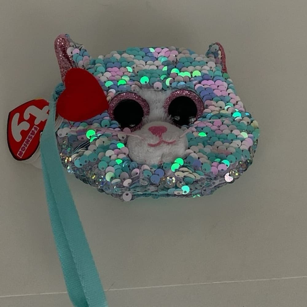 TY Fashion Whimsy “Unicorn Blue” Sequin Cat Wristlet Coin Purse (Approx 5in) NWT - Thumbnail 7