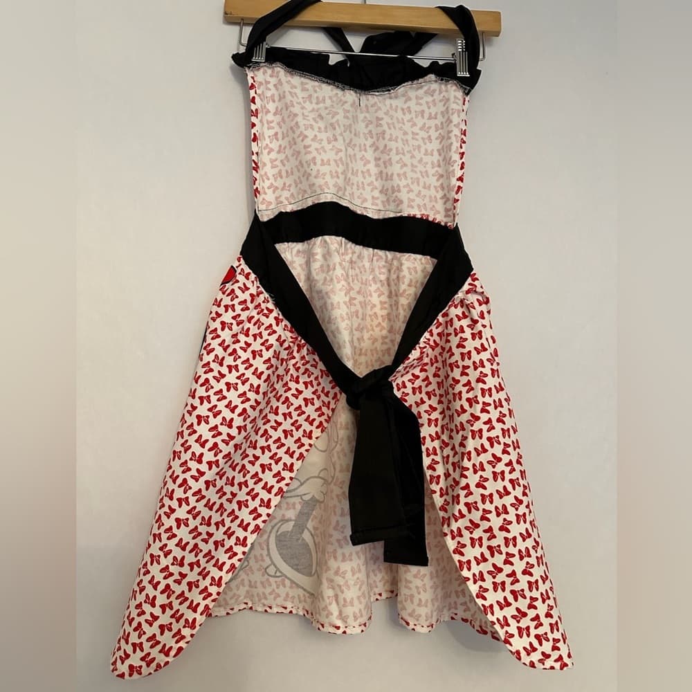 Minnie Mouse Apron Disney Red White Black Tie Top Waist Retro Red Bow Print - Thumbnail 2