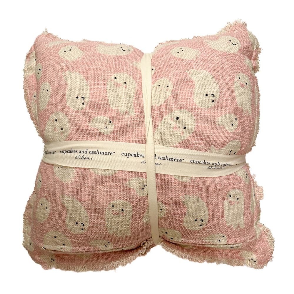 Cupcakes & Cashmere Set of 2 Halloween Pink Ghost Throw Pillows Frayed Edges