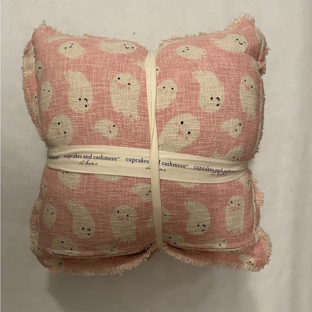 Cupcakes & Cashmere Set of 2 Halloween Pink Ghost Throw Pillows Frayed Edges - Thumbnail 2