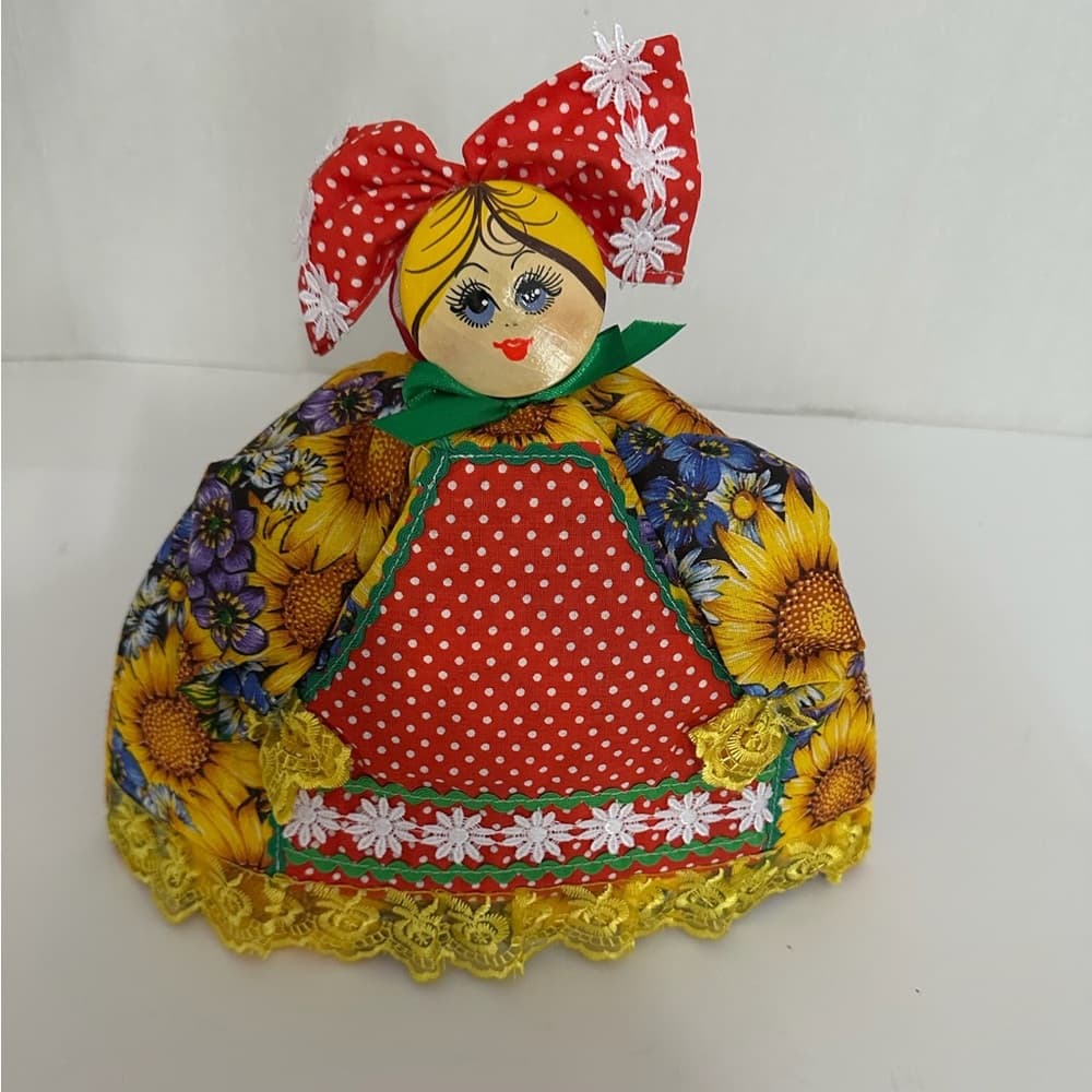 Vintage Russian Tea Cozy Farmhouse Folk Kitchen Doll Sunflower Print Cottagecore - Thumbnail 3