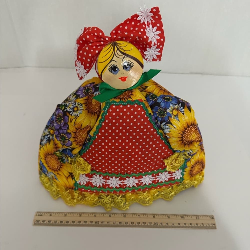 Vintage Russian Tea Cozy Farmhouse Folk Kitchen Doll Sunflower Print Cottagecore - Thumbnail 2