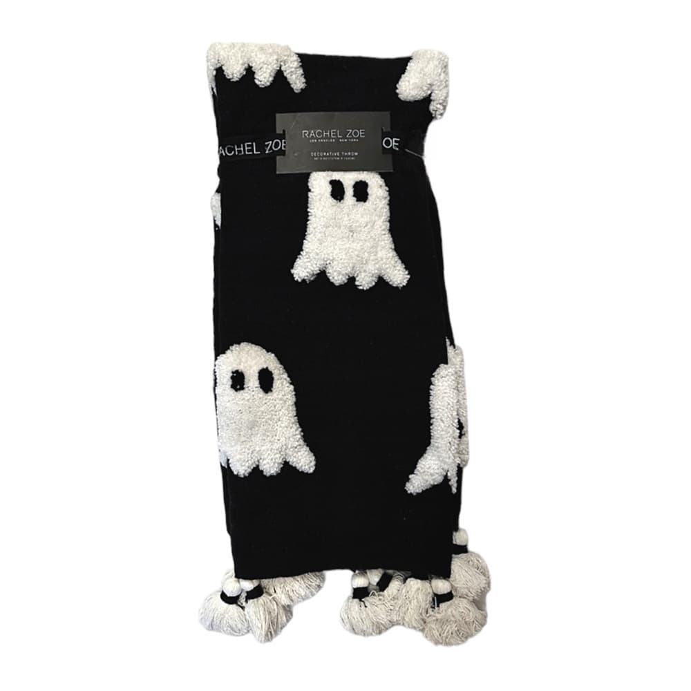 NWT Rachel Zoe Halloween Throw Blanket Black Tufted Ghosts Tassel Cottagecore - Thumbnail 8
