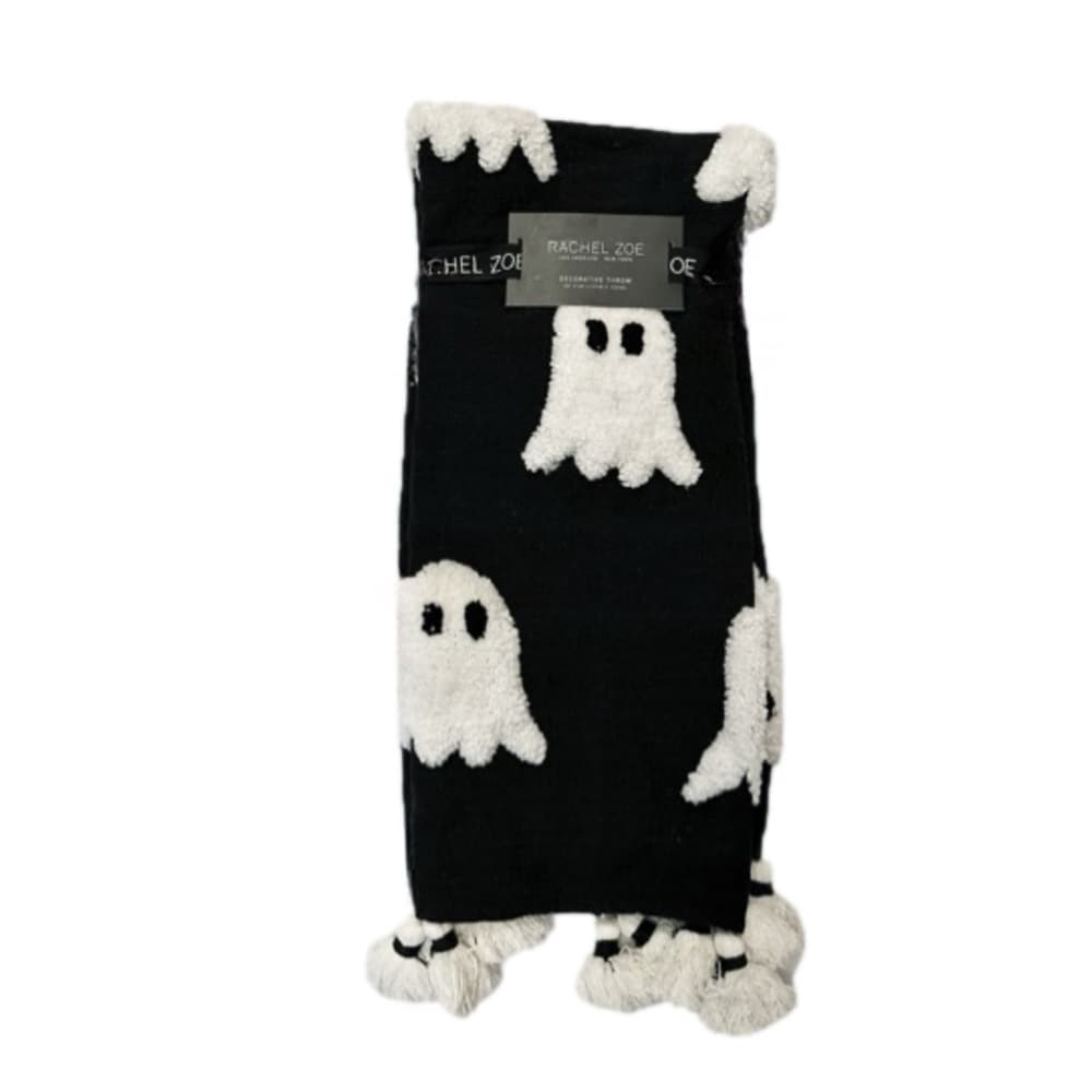 NWT Rachel Zoe Halloween Throw Blanket Black Tufted Ghosts Tassel Cottagecore