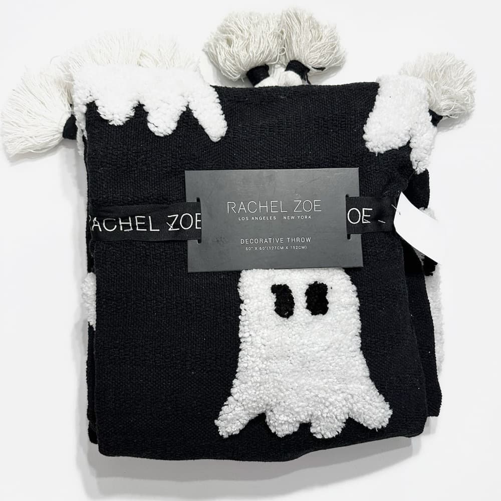 NWT Rachel Zoe Halloween Throw Blanket Black Tufted Ghosts Tassel Cottagecore - Thumbnail 2