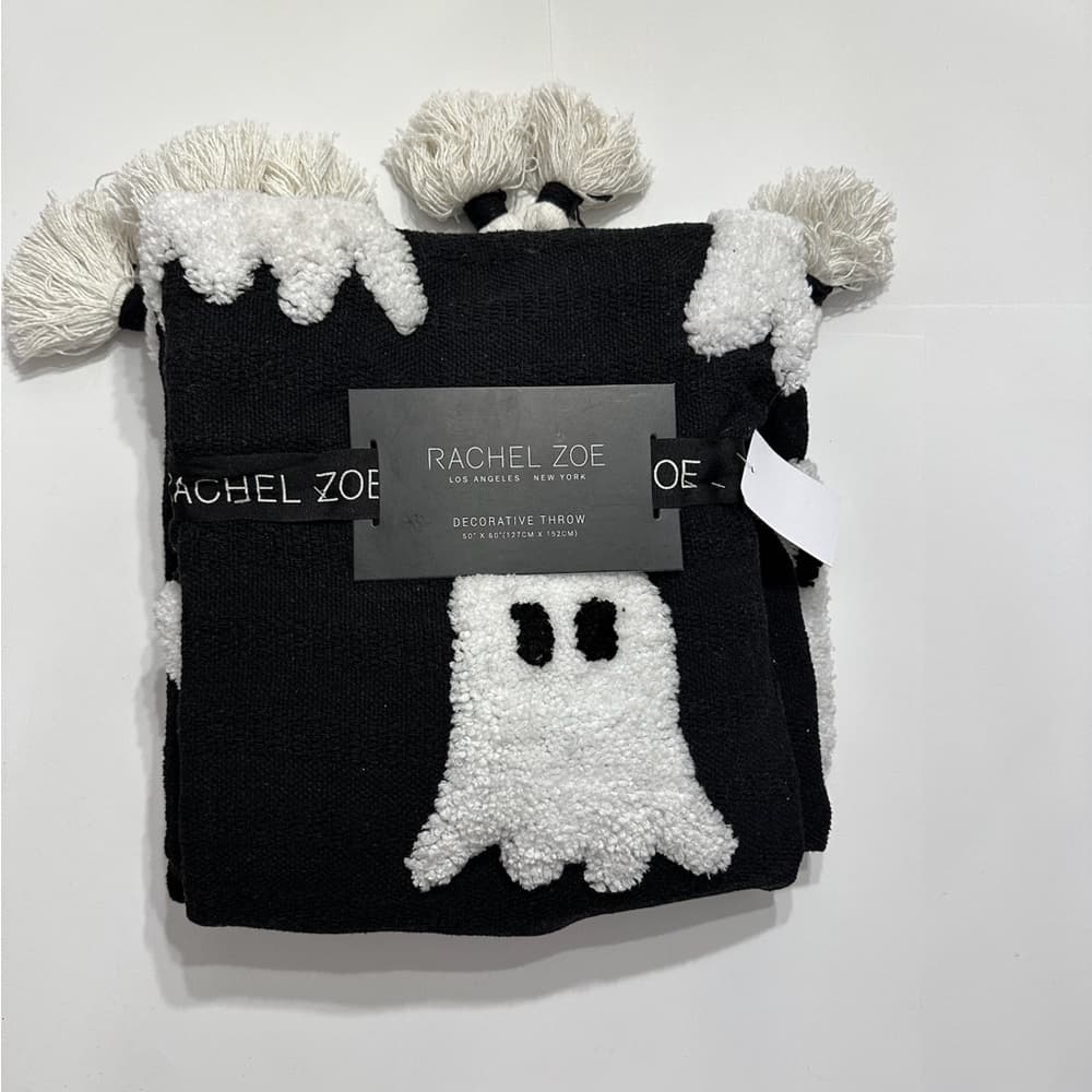 NWT Rachel Zoe Halloween Throw Blanket Black Tufted Ghosts Tassel Cottagecore - Thumbnail 3