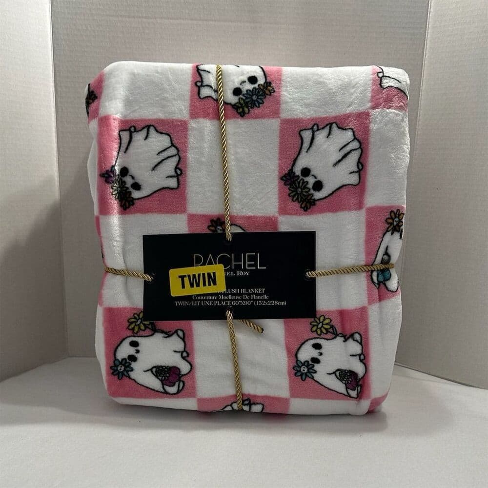 NWT Rachel Roy Pink White Square Ghost Halloween Twin Decorative Throw Blanket
