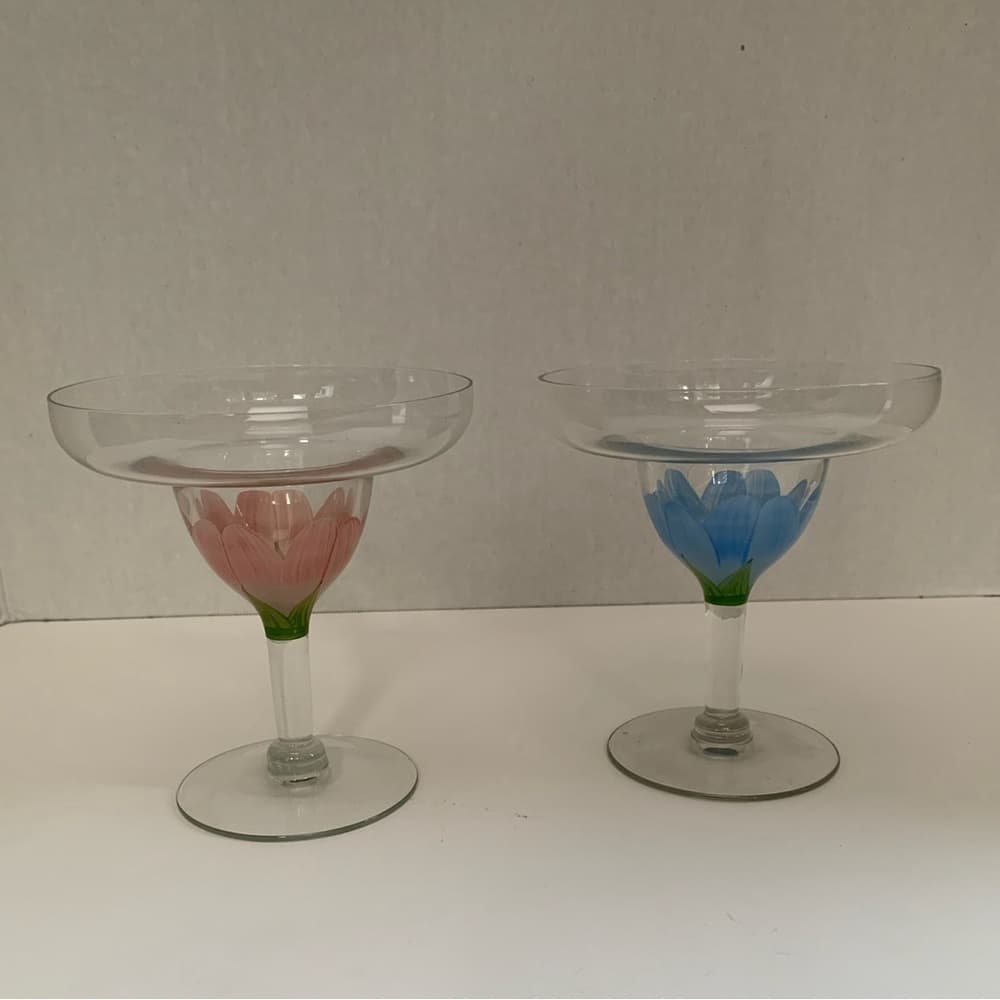 Margarita Glasses Hand-Painted Floral Design Vintage | Set of 2 - Thumbnail 3
