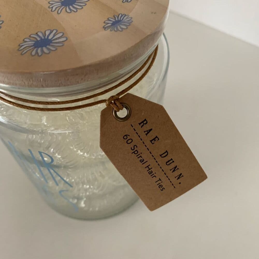 NWT Rae Dunn Hair Ties Jar Blue Daisy Lid with 60 Count Spiral Hair Ties - Thumbnail 2
