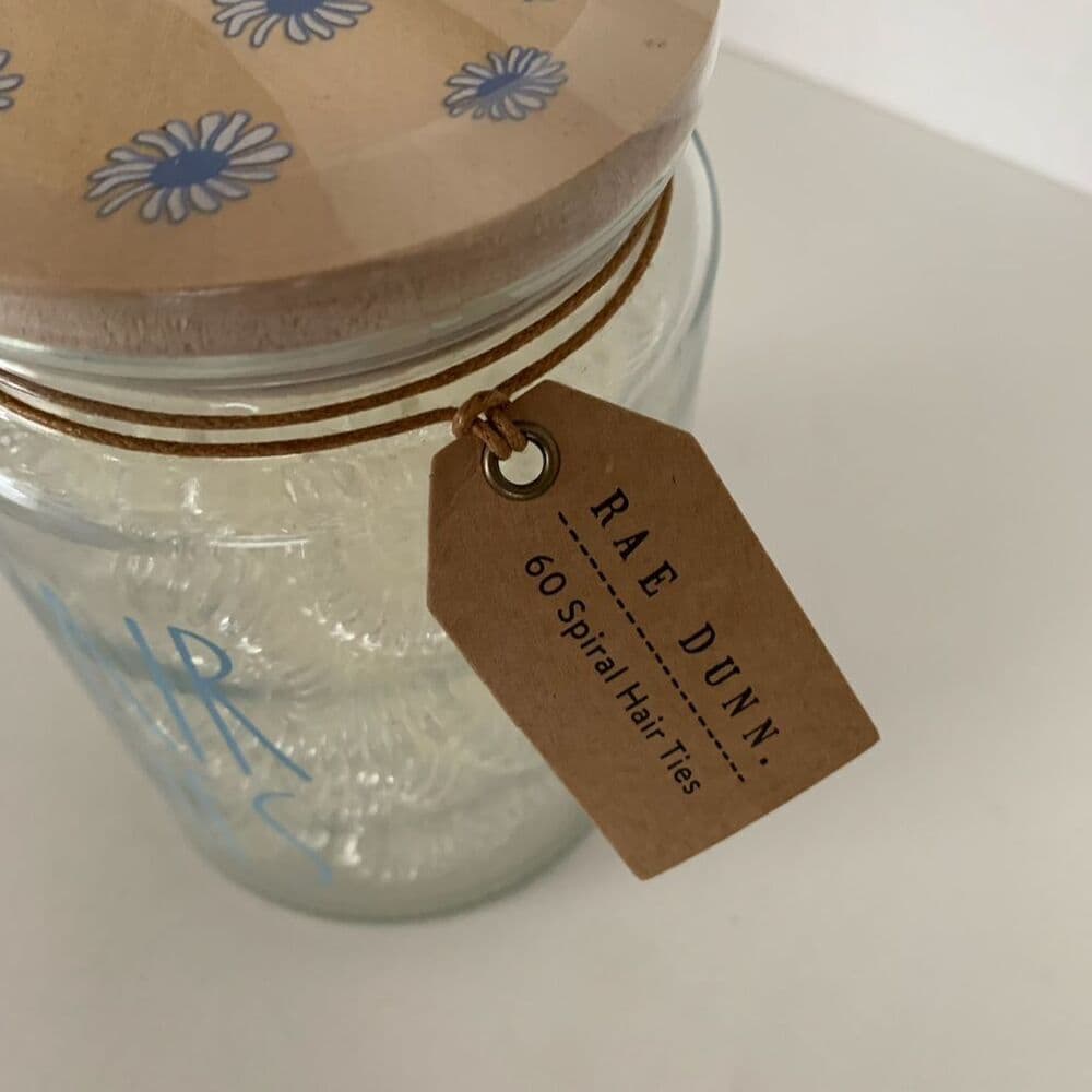 NWT Rae Dunn Hair Ties Jar Blue Daisy Lid with 60 Count Spiral Hair Ties
