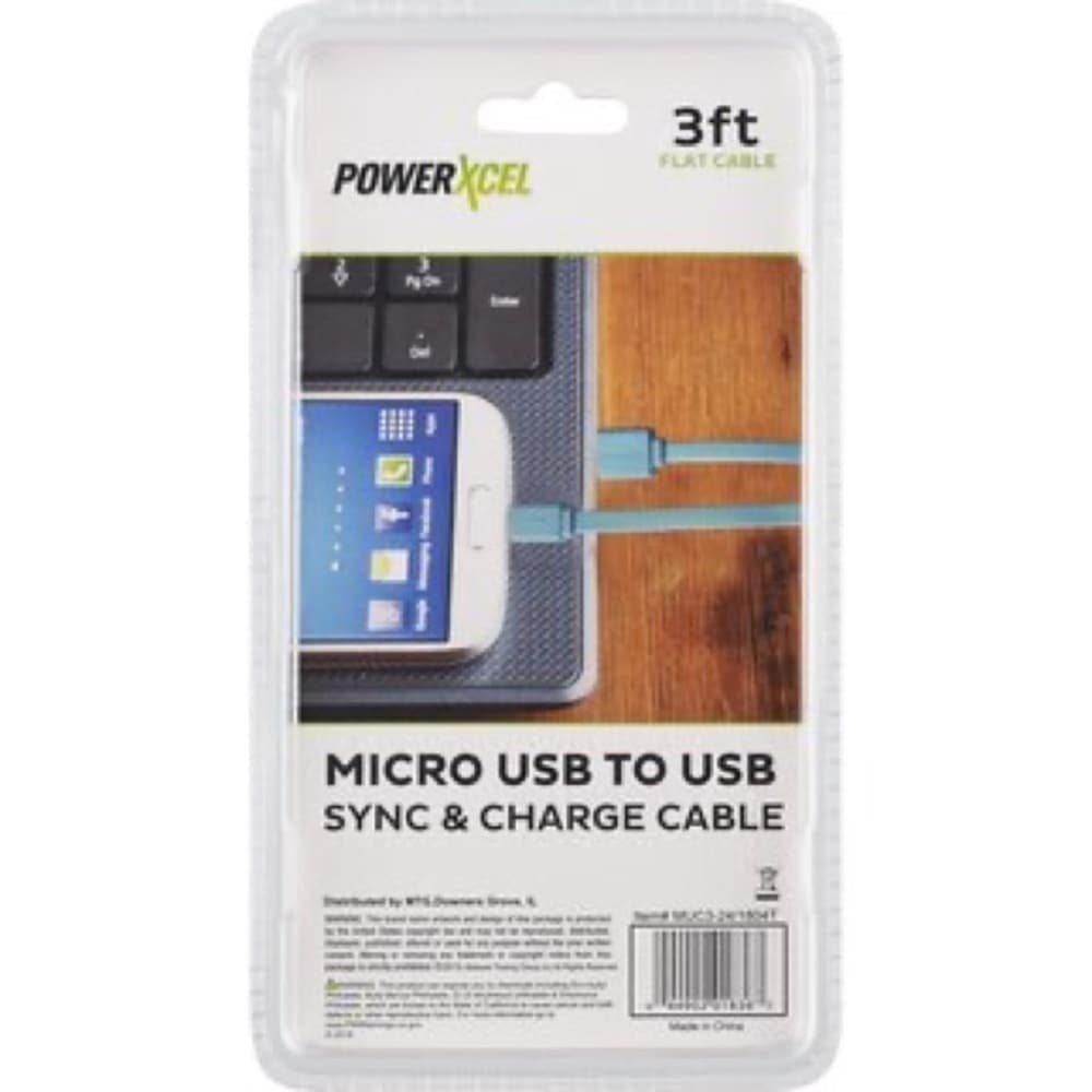 PowerXcel 3ft Micro USB to USB Flat Sync Charge Cable Blue Tangle Free - Thumbnail 2