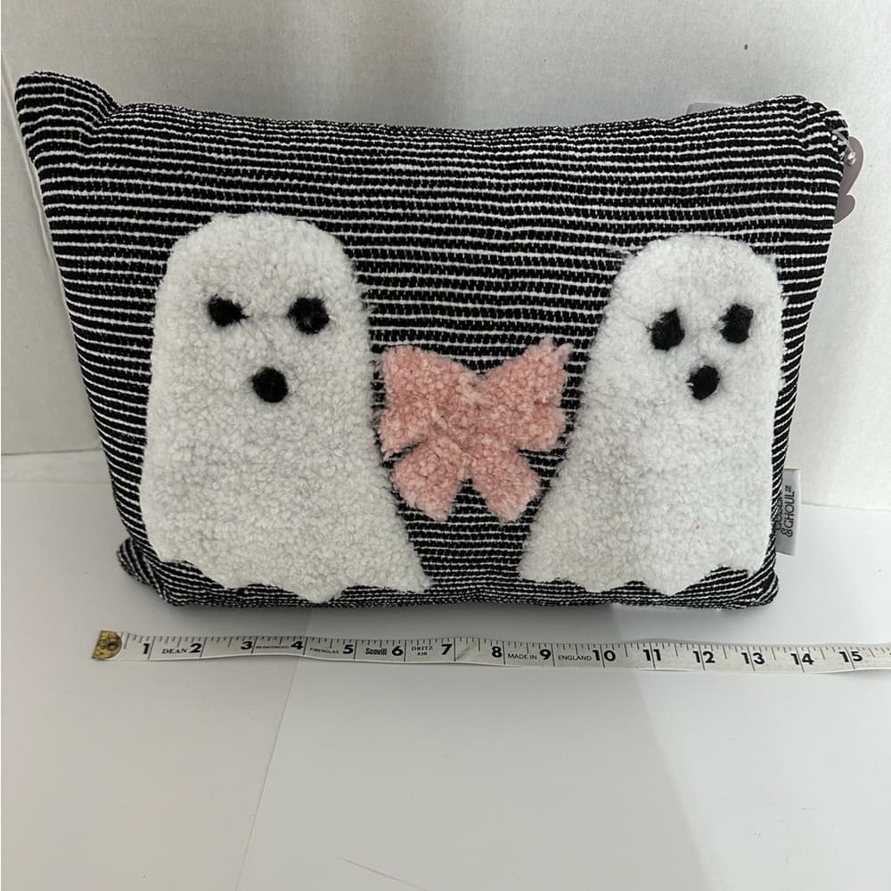 NWT Goblin & Ghoul Ghost Bow Black White Striped Decorative Throw Pillow Kitchy - Thumbnail 5