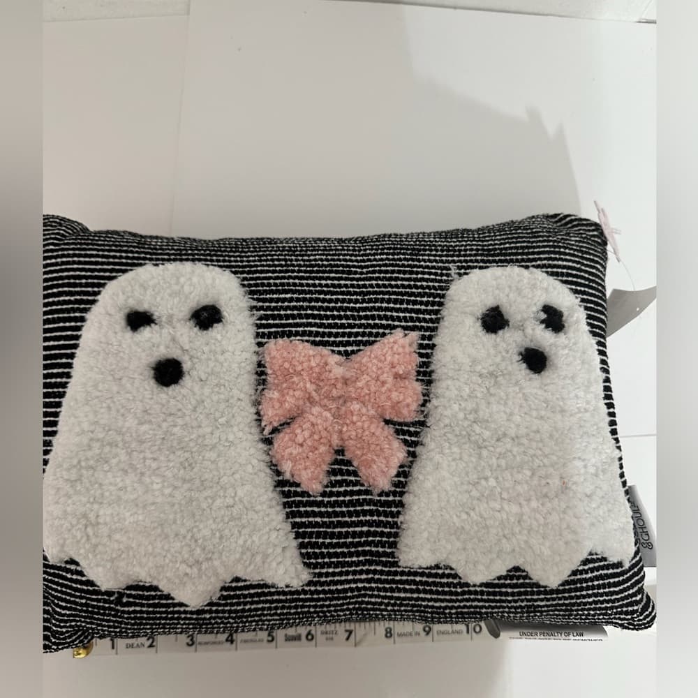 NWT Goblin & Ghoul Ghost Bow Black White Striped Decorative Throw Pillow Kitchy - Thumbnail 3