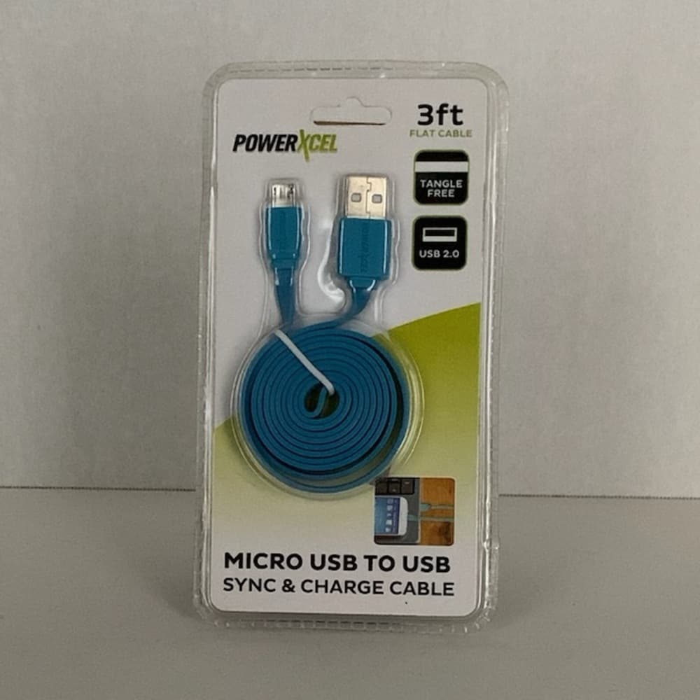 PowerXcel 3ft Micro USB to USB Flat Sync Charge Cable Blue Tangle Free - Thumbnail 3