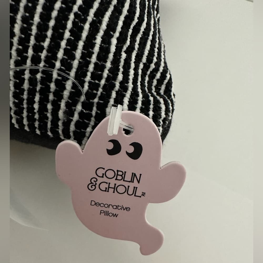 NWT Goblin & Ghoul Ghost Bow Black White Striped Decorative Throw Pillow Kitchy - Thumbnail 2