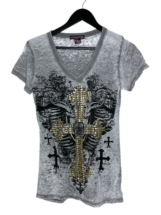Rock & Roll Cowgirl Y2K Studded Cross Graphic Tee Baddie Grunge Western Medium - Thumbnail 8