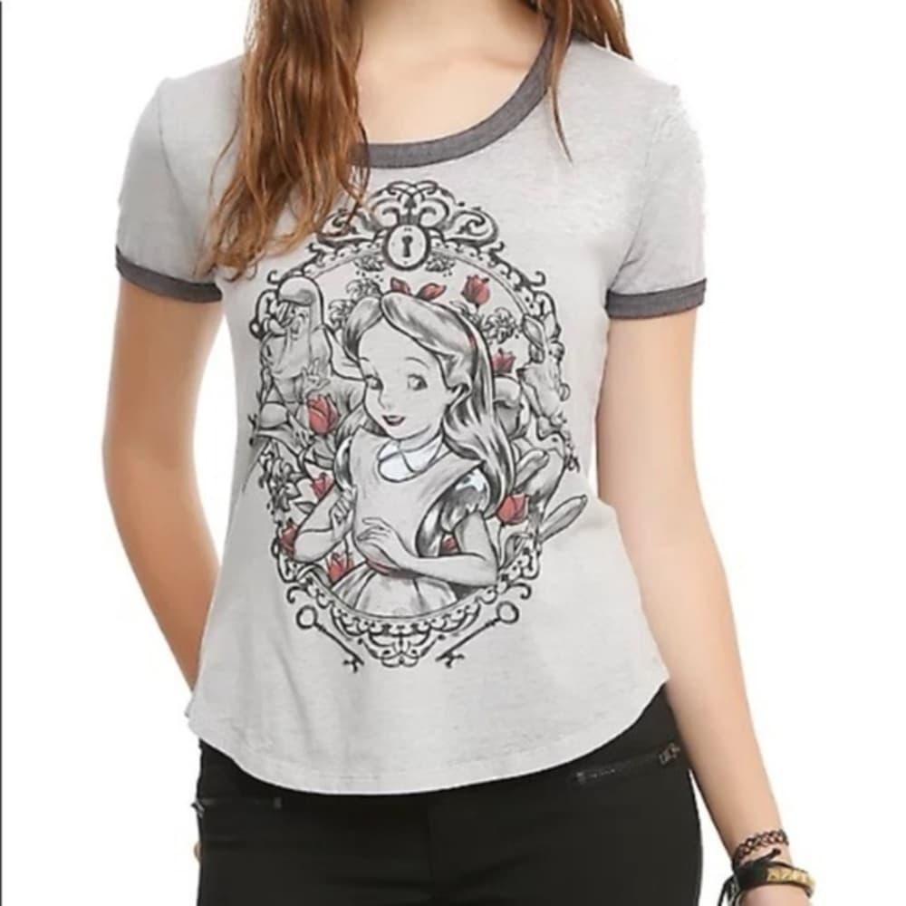 Disney Alice in Wonderland Graphic T-Shirt Gray Burnout Short Sleeve XL Juniors - Thumbnail 6