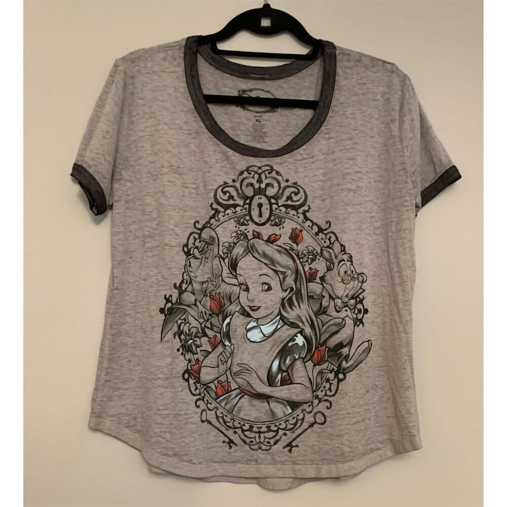 Disney Alice in Wonderland Graphic T-Shirt Gray Burnout Short Sleeve XL Juniors - Thumbnail 2