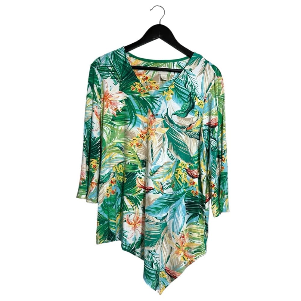 Chico’s Tropical Floral Palm Print Sharkbite V-Hem Tunic Top Size 2 (L/12) - Thumbnail 7