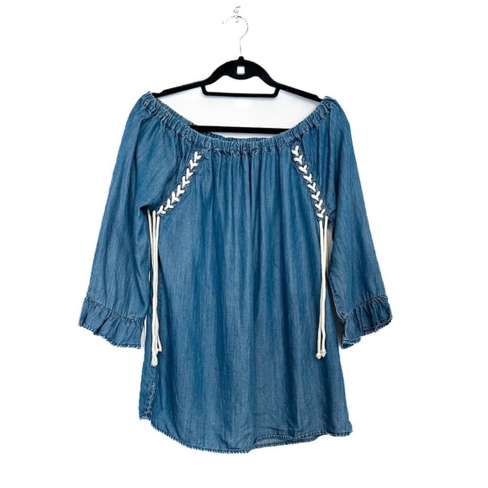 Billy T Faded Denim On or Off-Shoulder Lace-Up Tunic Size Small Western Cowgirl - Thumbnail 10