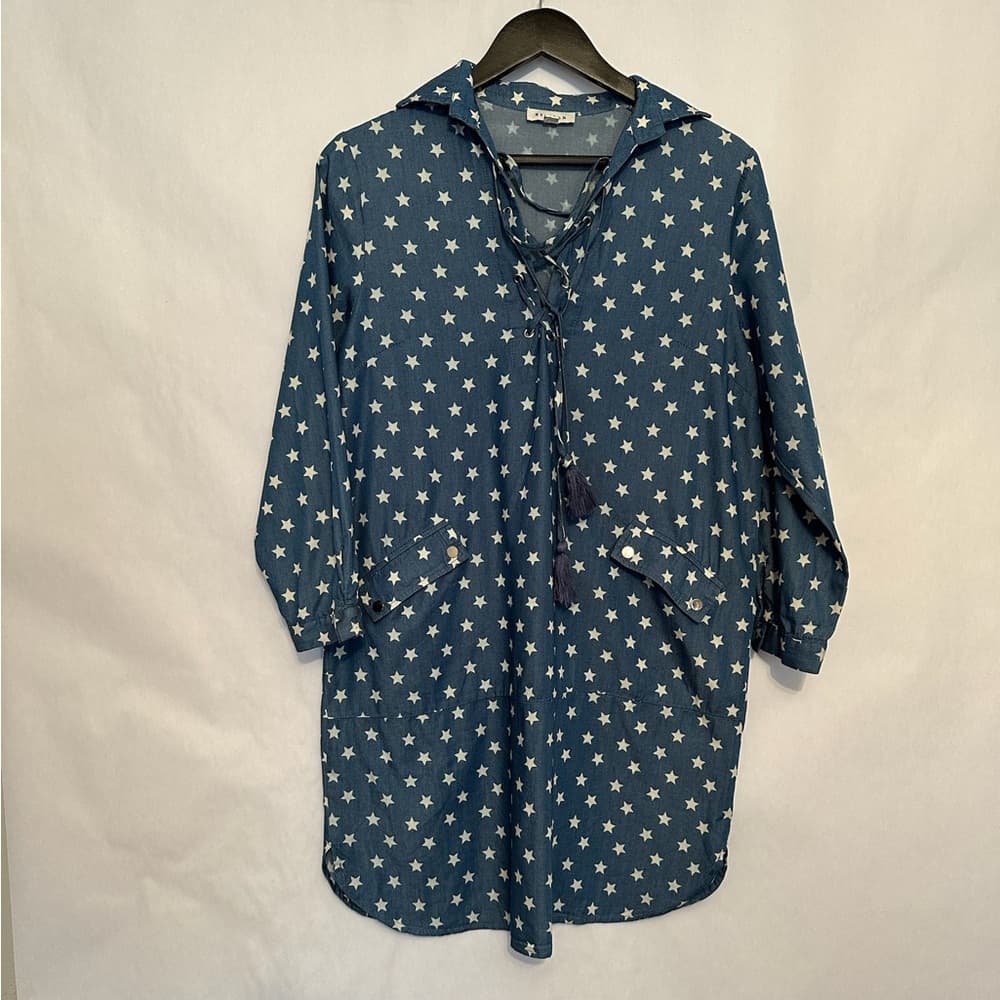 Stellah Star Print Blue Tunic Top Shirt Dress Boho Western Size Small