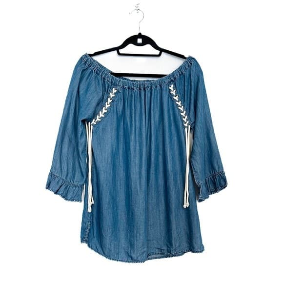 Billy T Faded Denim On or Off-Shoulder Lace-Up Tunic Size Small Western Cowgirl - Thumbnail 11