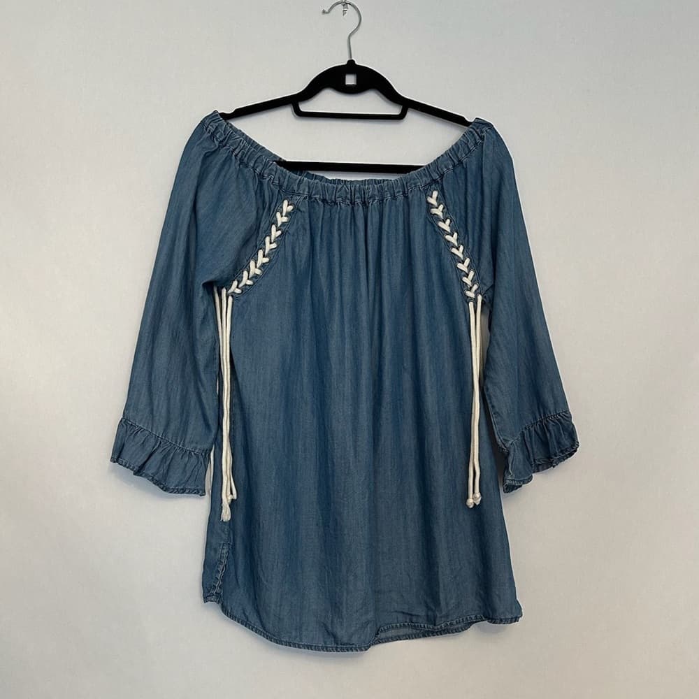 Billy T Faded Denim On or Off-Shoulder Lace-Up Tunic Size Small Western Cowgirl - Thumbnail 4