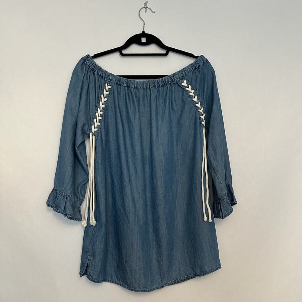 Billy T Faded Denim On or Off-Shoulder Lace-Up Tunic Size Small Western Cowgirl - Thumbnail 6