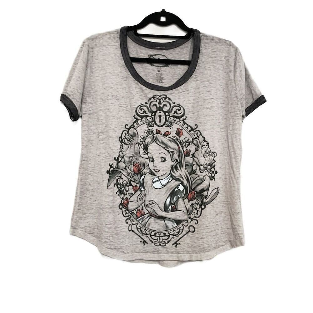 Disney Alice in Wonderland Graphic T-Shirt Gray Burnout Short Sleeve XL Juniors - Thumbnail 8