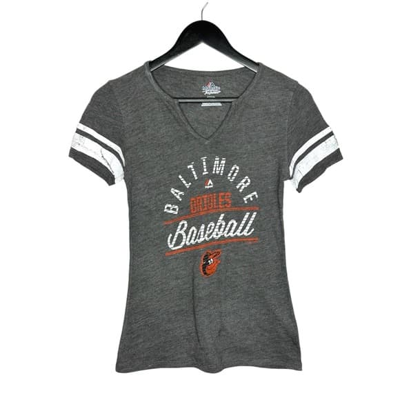 Majestic Baltimore Orioles Distressed Baseball Tee Gray V-Neck Striped Small - Thumbnail 15