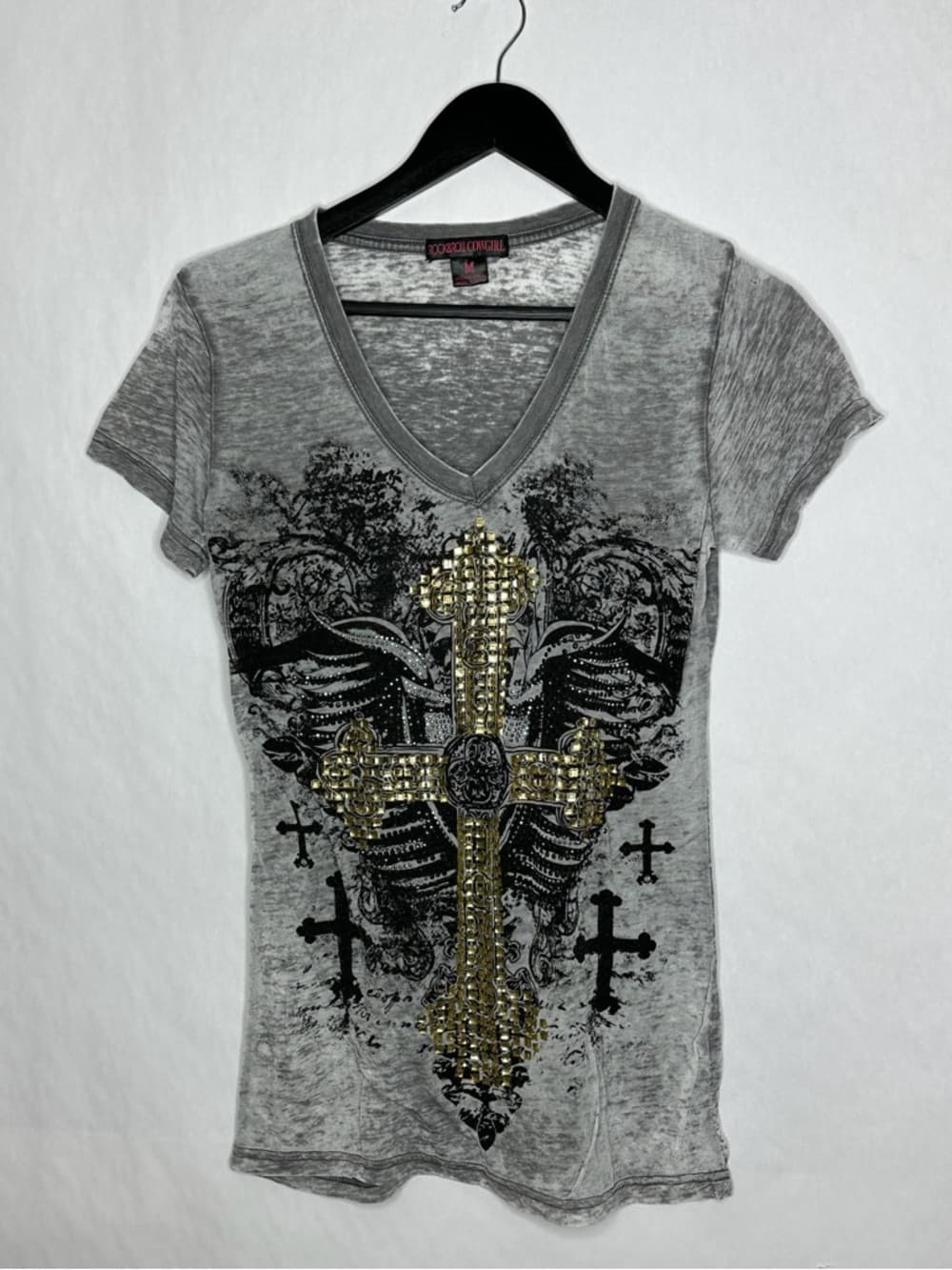 Rock & Roll Cowgirl Y2K Studded Cross Graphic Tee Baddie Grunge Western Medium
