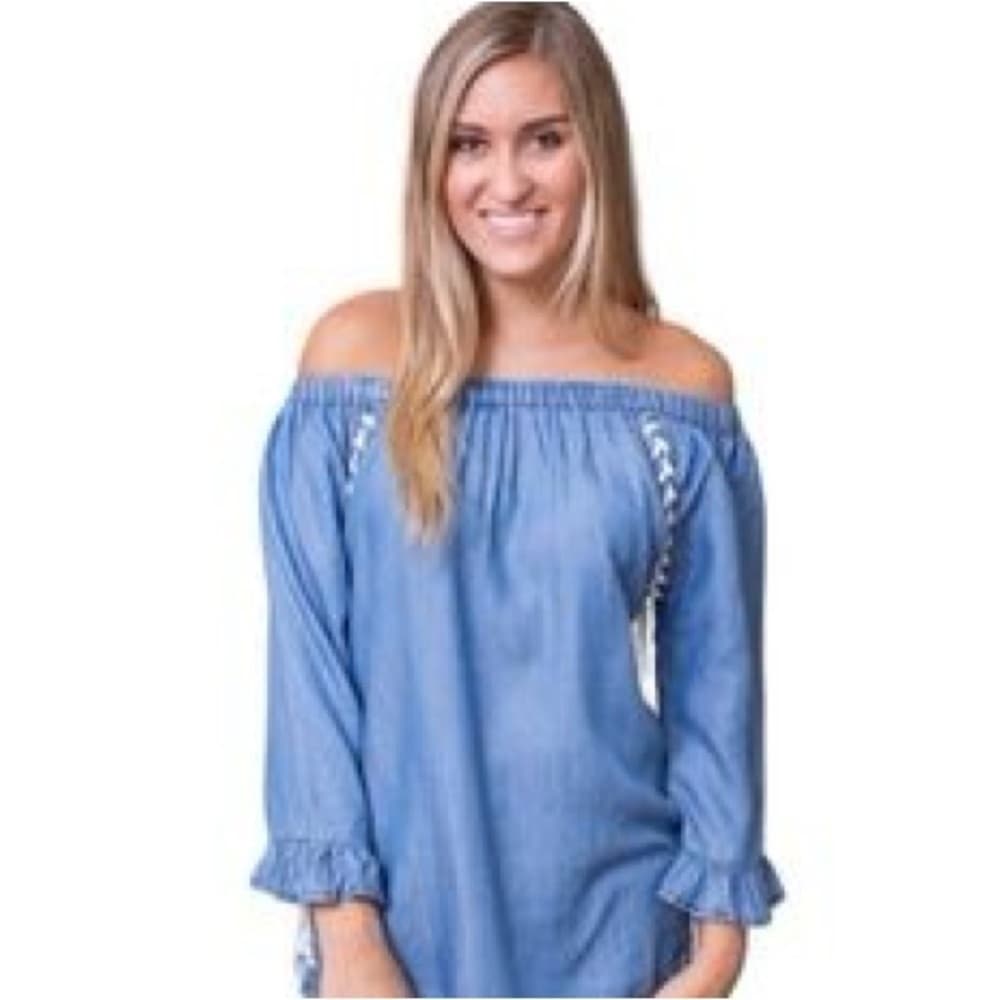 Billy T Faded Denim On or Off-Shoulder Lace-Up Tunic Size Small Western Cowgirl