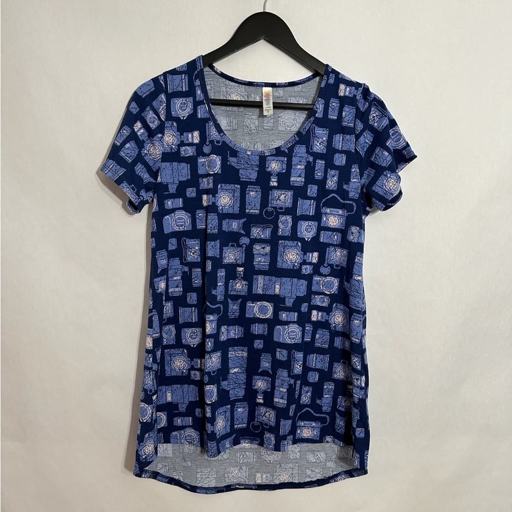 LuLaRoe Classic Tee Blue Retro Graphic Camera Print Short Sleeve Comfy Small