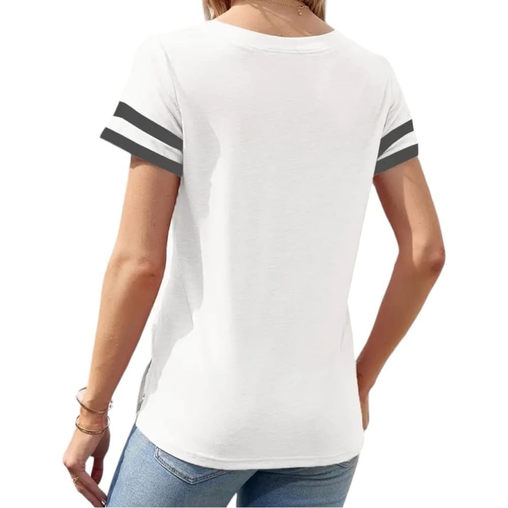 NEW SySea Basic V Neck T Shirt Loose Casual Tee Tops White Gray Stripes Sleeve - Thumbnail 2