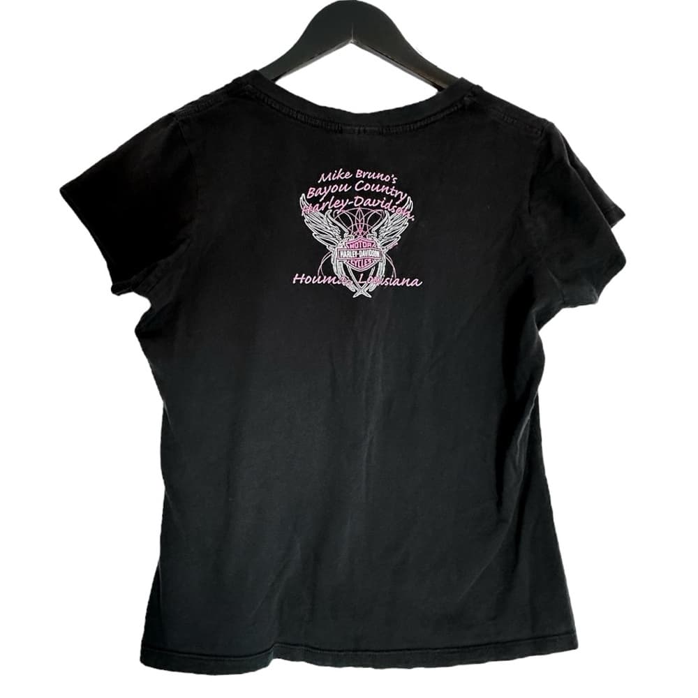 Harley Davidson Pink Rhinestone Logo Black Tee Shirt XL Y2K Biker Grunge - Thumbnail 3